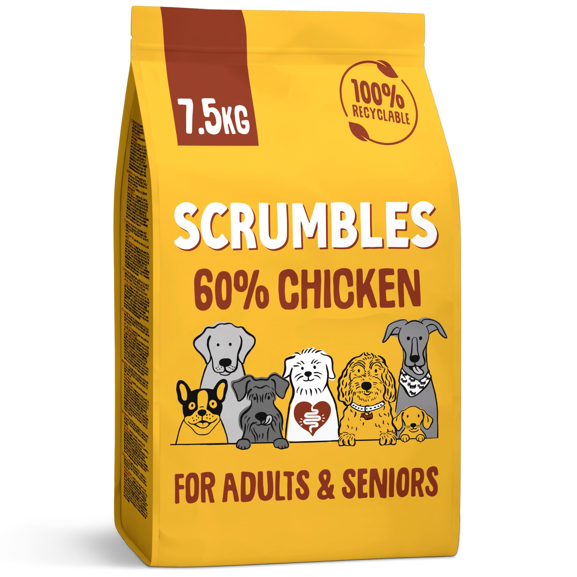 Scrumbles • Dry Dog Food • Hypoallergenic • All Lifestages • Chicken 60% • 7.5kg Bag • Natural Complete Adult Recipe • Gut Friendly Prebiotics & Probiotics • Gluten Free