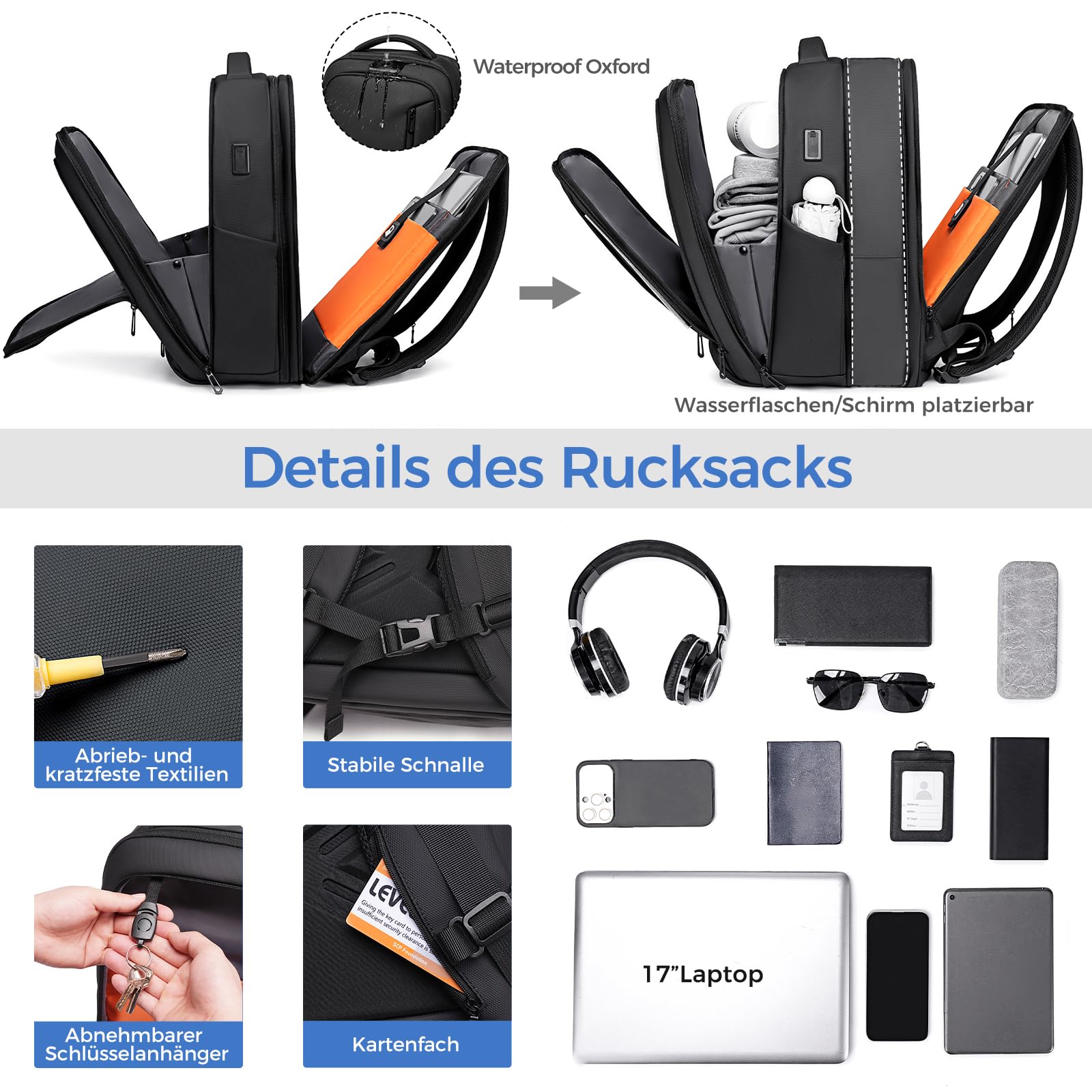 Fenree.geer Business Rucksack Herren, USB-Anschluss – Arbeitsrucksack-Travelite Rucksack Erweiterbar 26L-38L für Reiserucksack-17 Zoll Laptop Rucksack-1800D Wasserdicht