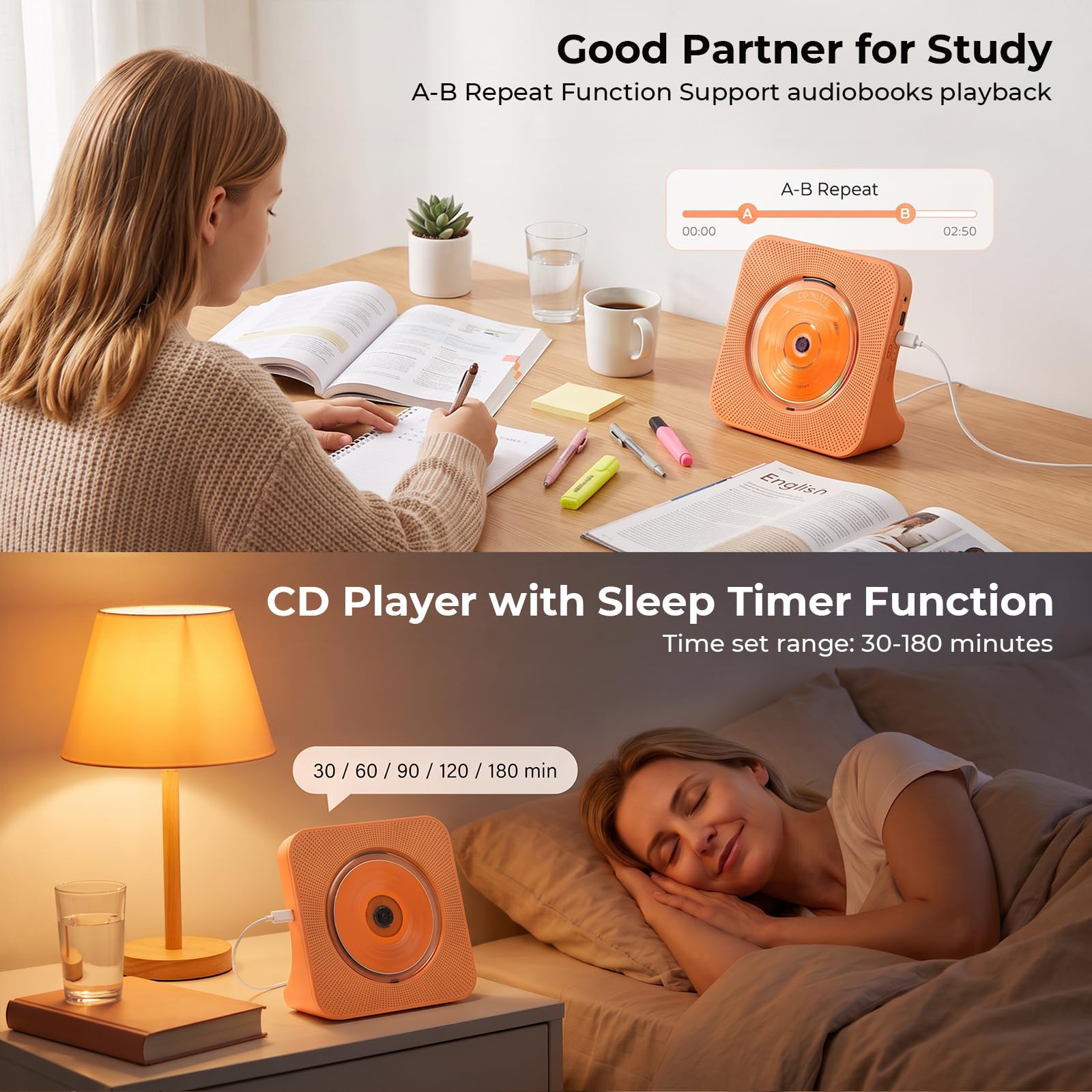 Lecteur CD Bluetooth 5.0 avec Haut-parleurs, Radio Orange