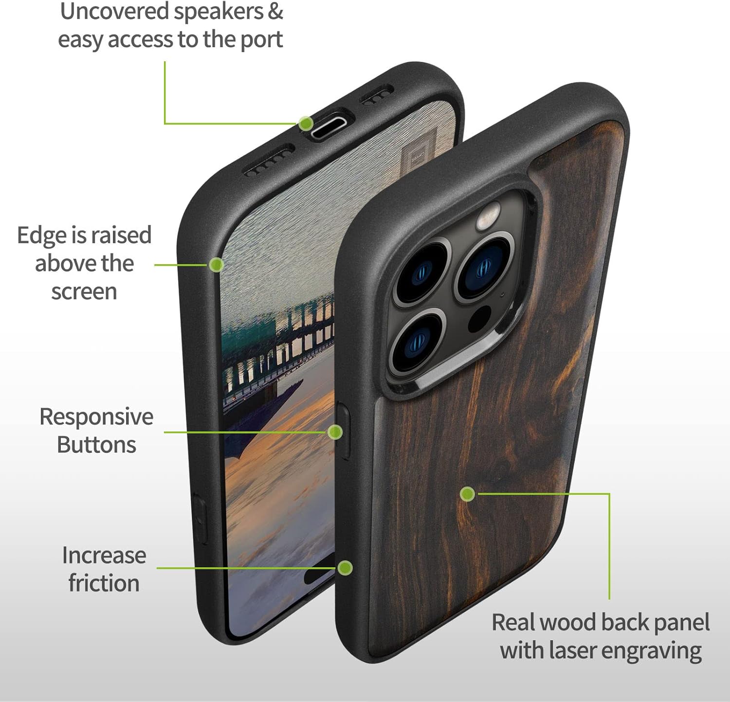 Carveit Magnetic Wood Case for iPhone 14 Pro Max [Natural Wood & Black Soft TPU] Unique & Classy Wooden Shockproof Protective Cover Compatible with magsafe (Blackwood)