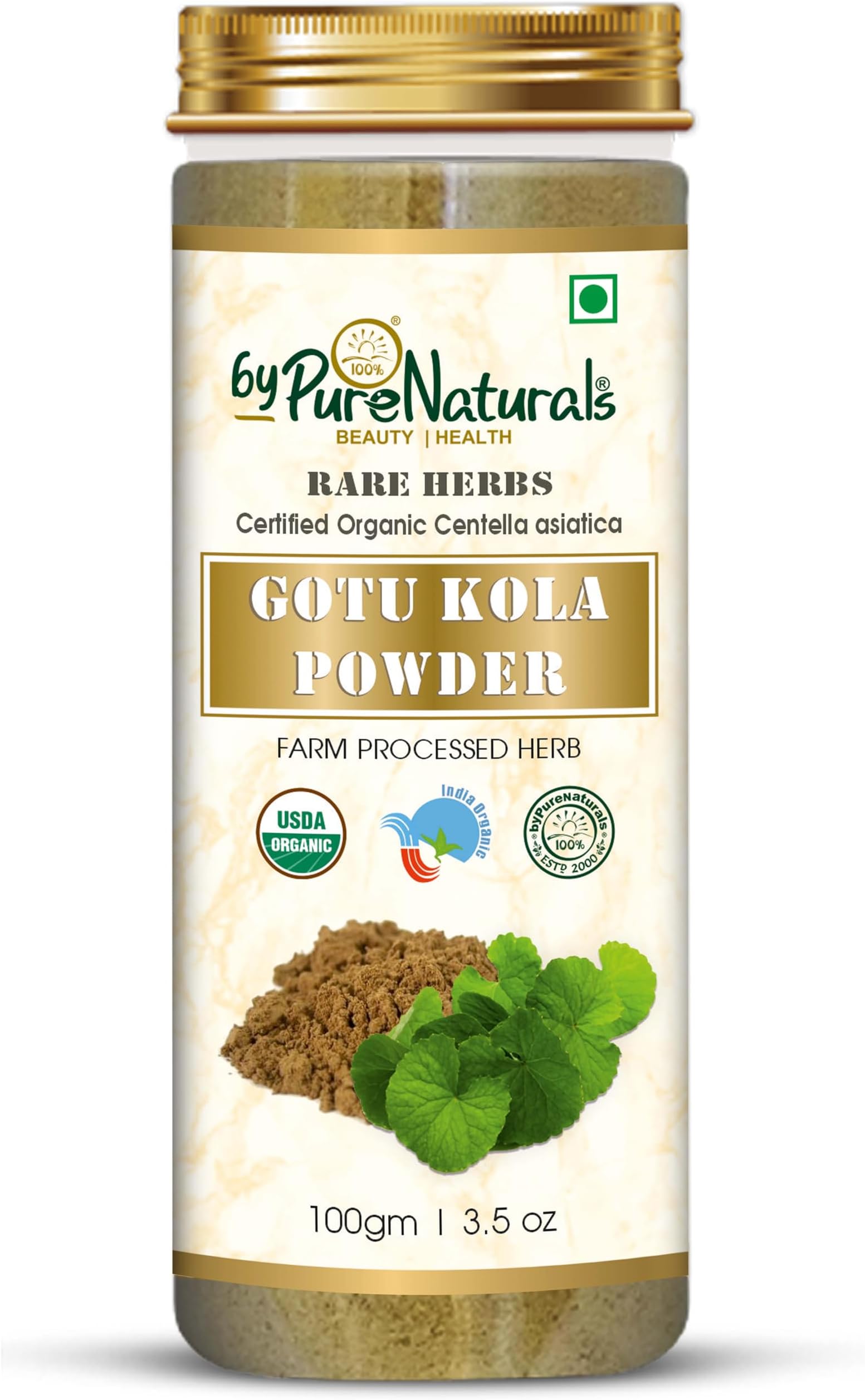 byPureNaturals 100% Natural Herbal Organic Gotu Kola Powder (Centella Asiatica), 100gm – Pure Herbal Powder for Skin Care, Anti-Aging, Wound Healing | Organic Centella Powder for Face Masks