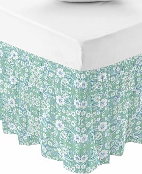 Light Green Blue Floral Bed Skirt King Size 18 Inch Drop, Adjustable Elastic Bedskirt Dust Ruffle for King Size Bed, Vintage Pastoral Botanical Wrap Around Bed Skirts Pleated Bed Frame Cover
