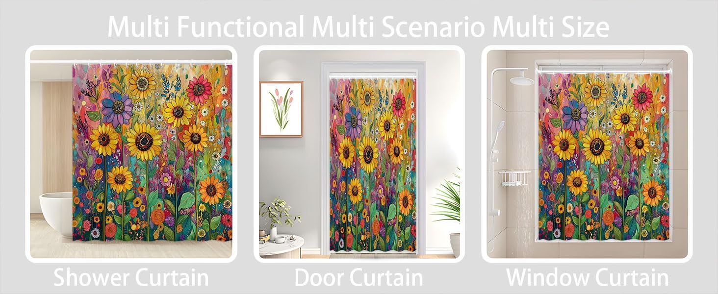 Sunflower Shower Curtain Rustic Floral Colorful Flower Watercolor Farmhouse Wildflowers Bright Flowers Plant Oil Painting Polyester Bathroom Curtains Set with Hooks 70"x84"