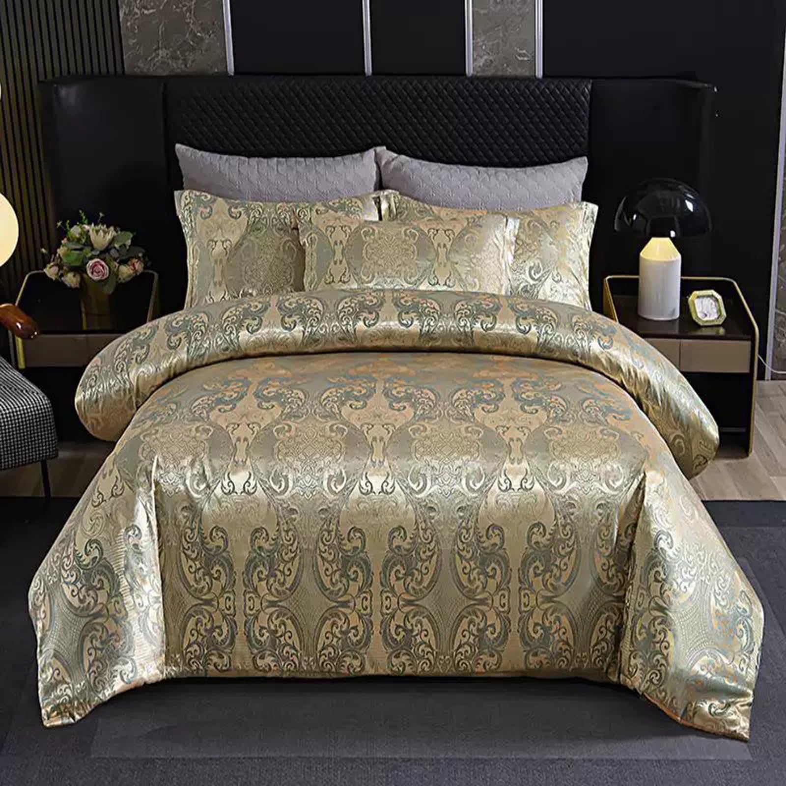 E-yimeng Double Bedding Set Double Duvet Set Silk Satin Duvet Cover Sets 200x200cm with 2 Pillowcases Zipper Luxury for Boys Girls Ultra Soft Brushed Microfiber Bedding Collections Champagne Green