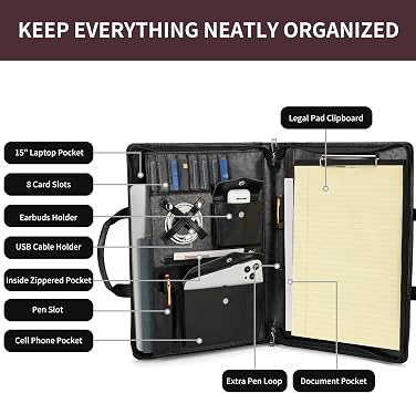 Personalized Vegan Leather Portfolio for 8.5 x 14 Pad and 15 Laptop | Zippered Padfolio with Handle, Legal Size Organizer Business Contractor Folder Professional Executive Gift, Black