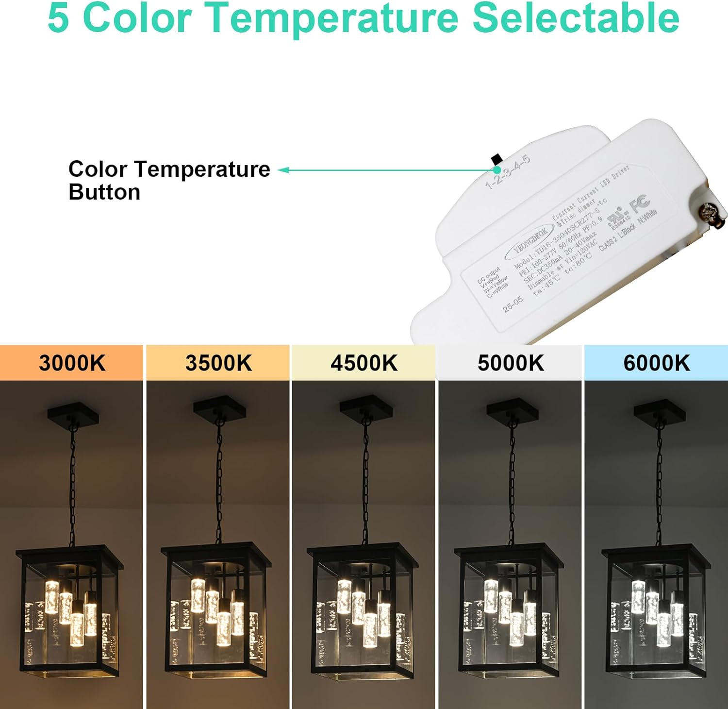 Yaohong 16.7" Large 5CCT LED Outdoor Pendant Light, 4-Lights Modern Oil Rubbed Bronze Hanging Ceiling Fixture with Acrylic Column & Clear Glass, Weatherproof Chandelier for Porch Gazebo Patio Entryway