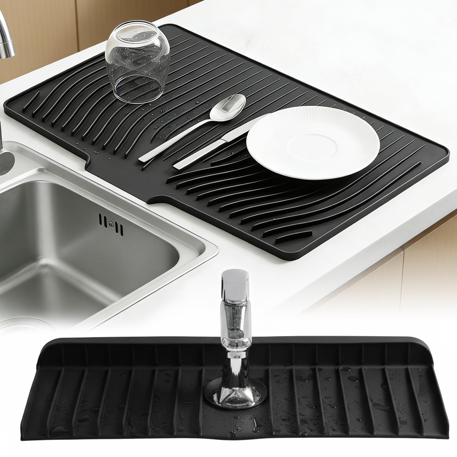 Mkeoieau Black 2 Pcs Silicone Sink Draining Mats, Dish Drying And Faucet Mat For Kitchen Sponge Holder, Non-Slip Sink Splash Guard Drying Mat For Countertops Table Faucets