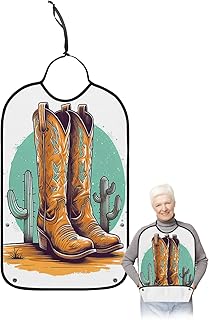 Kewadony Adult Bibs for Elderly Women - Western Cowboy Waterproof Dining Clothing Protectors with Crumb Catcher for Eating/Feeding, Brown Shoes Green Cactus Tropical Terry Cloth Bib Machine Washable