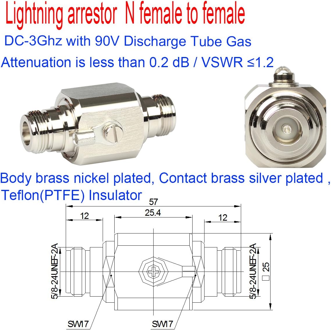 Lightning arrestor N Female to Female 50 Ohm Lightning Surge Protector with 90 V Gas Tube DC-3GHz
