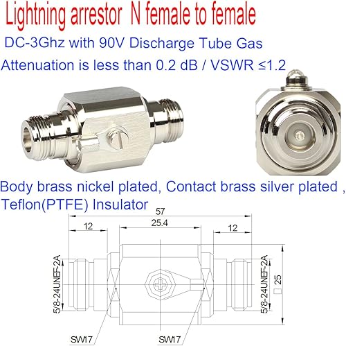 Miniatura 4 de Pararrayos N Hembra a Hembra 50 Ohm Protector contra sobretensiones relámpago con tubo de gas de 90 V DC-3GHz