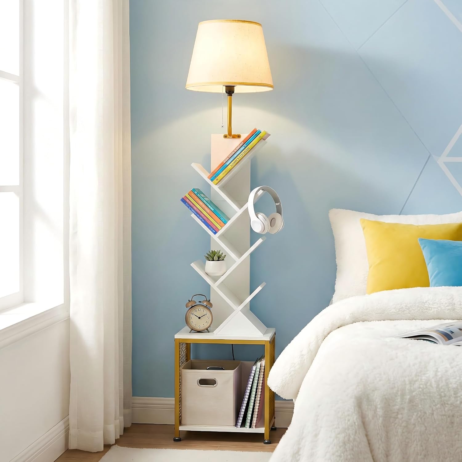 3in1 Tree Bookshelf Floor Lamp W/ Storage Cabinet, 62" Tall Reading Light with Unique Oval Fabric Shade & 8-Tier Book Organizer, Modern Standing Lamp for Living Room, Bedroom, Office (Champagne Gold)