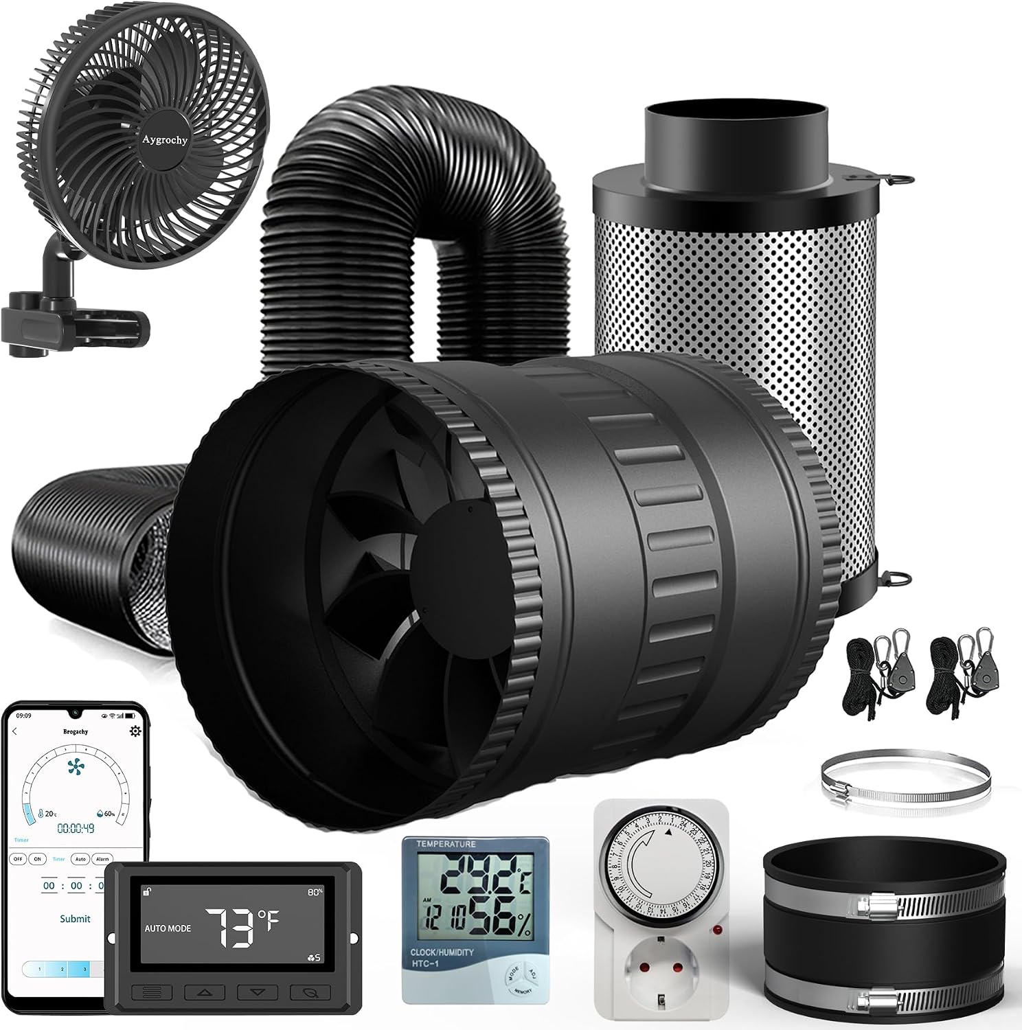 150 mm exhaust air set pipe fan app WiFi ventilation set with temperature and humidity control clip fan activated carbon filter exhaust hose rubber sleeve ventilation system for grow [Energy Class A]