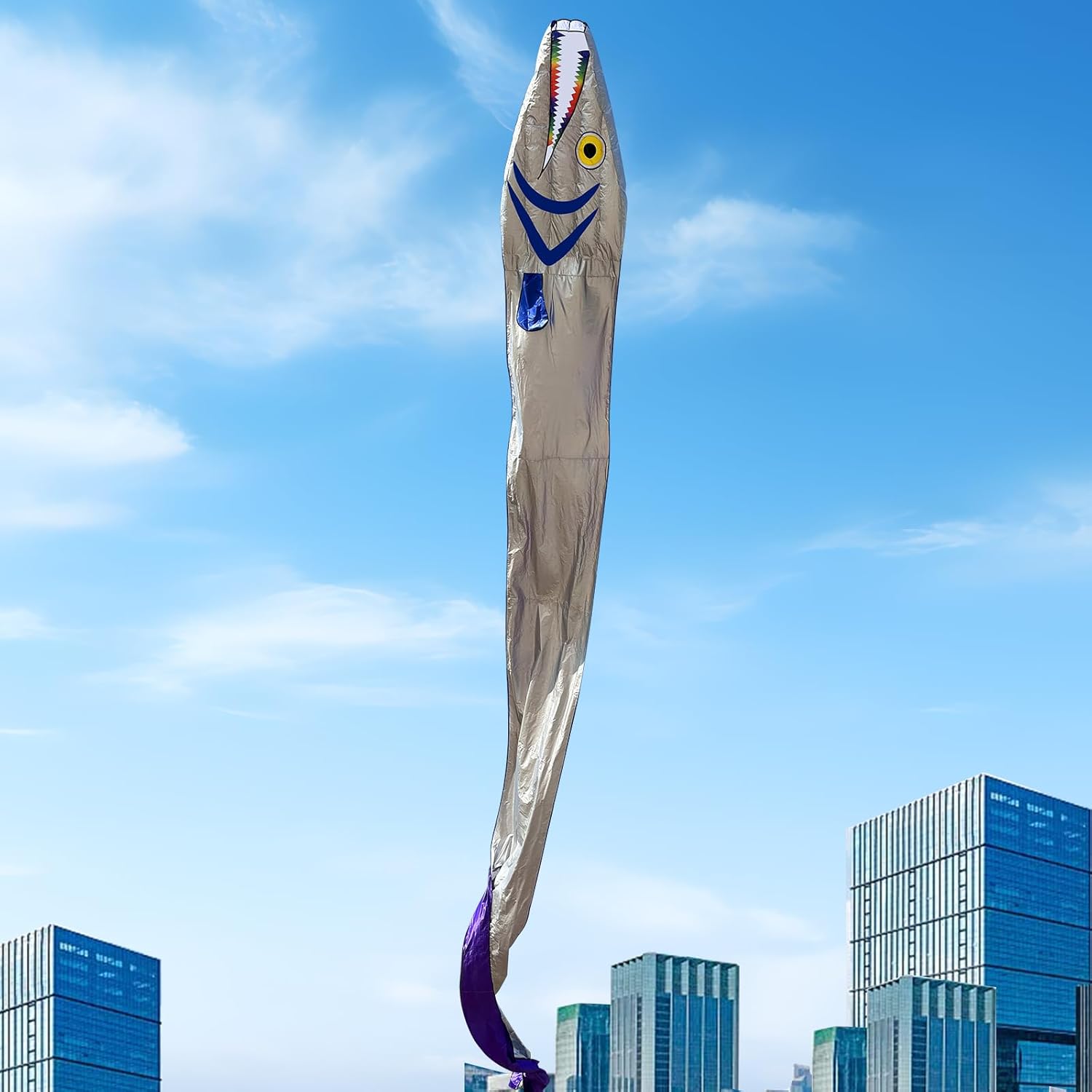 61FT Large Silver Soft Parafoil Beltfish Kite with Reel Perfect Beach Outdoor Activity Gift-Ages 12+