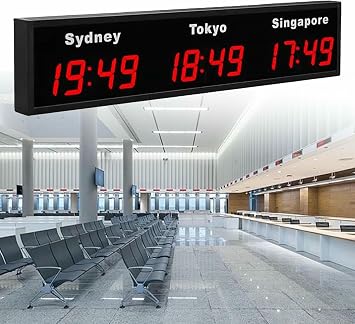 Digital Led World Clock, Wall Mounted 3/4/5 Time Zone City Time Zone World Clock, City Can Be Changed, for Multinational Corporation/Hotels Red 3City