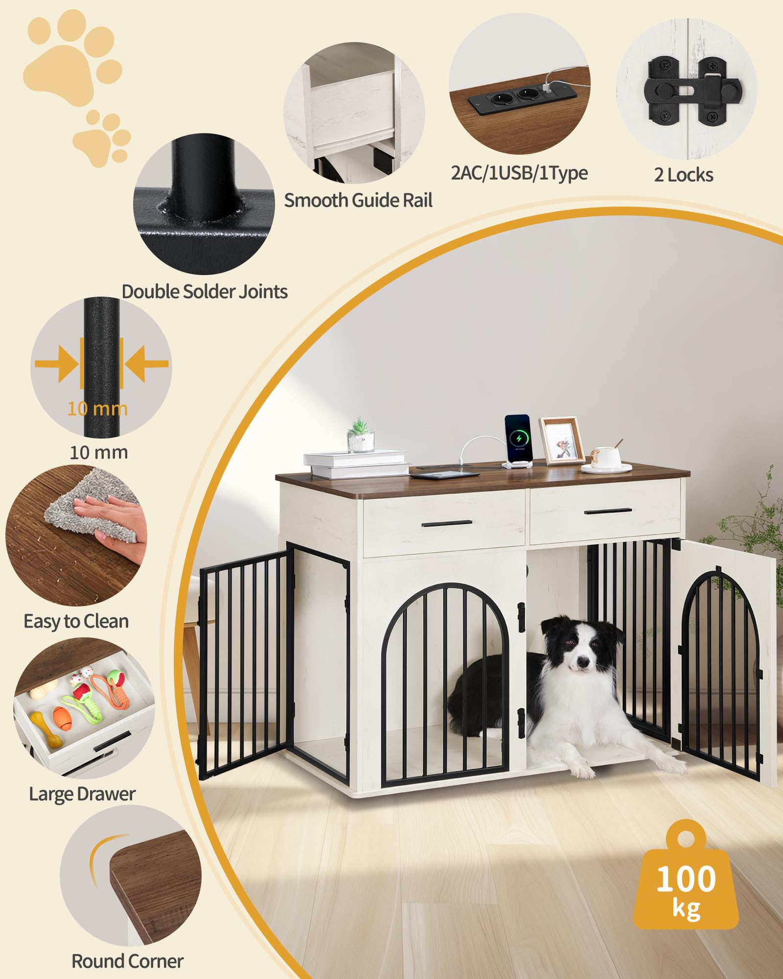 Hzuaneri 100 cm Hundekäfig Möbel mit 2 Schubladen, Hundebox für den Innenbereich mit Ladestation, Hundebox aus Holz Beistelltisch, Hochbelastbar Hundekäfig für Große Hunde, Weiß Braun DFC87214B