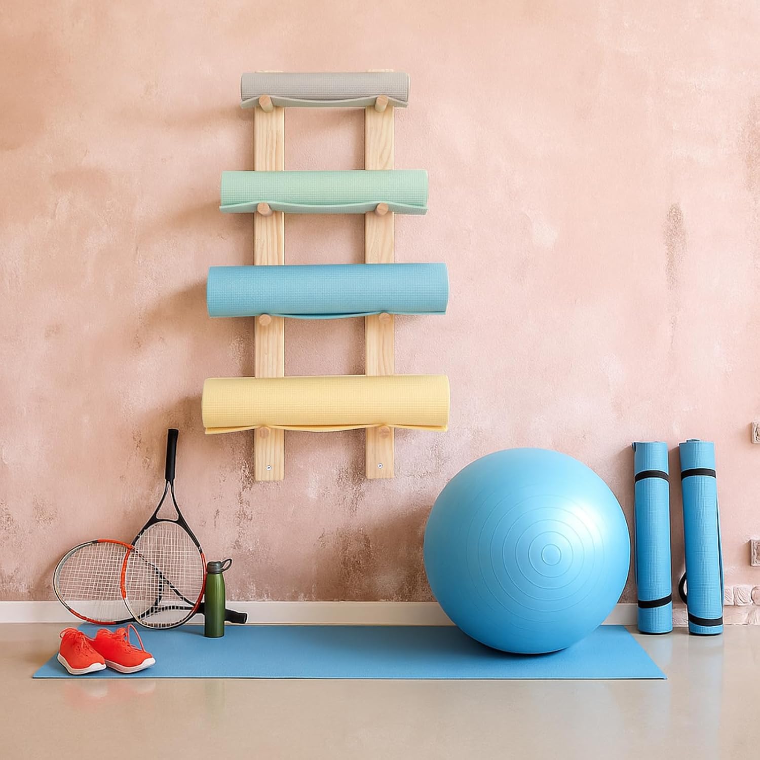 1 Pair Yoga Mat Holder Wall Mount Wooden Yoga Mat Storage Racks for Foam Roller & Fitness Accessories 4 Layer, Accommodating 4 Mats Save Space & Home Gym Organize