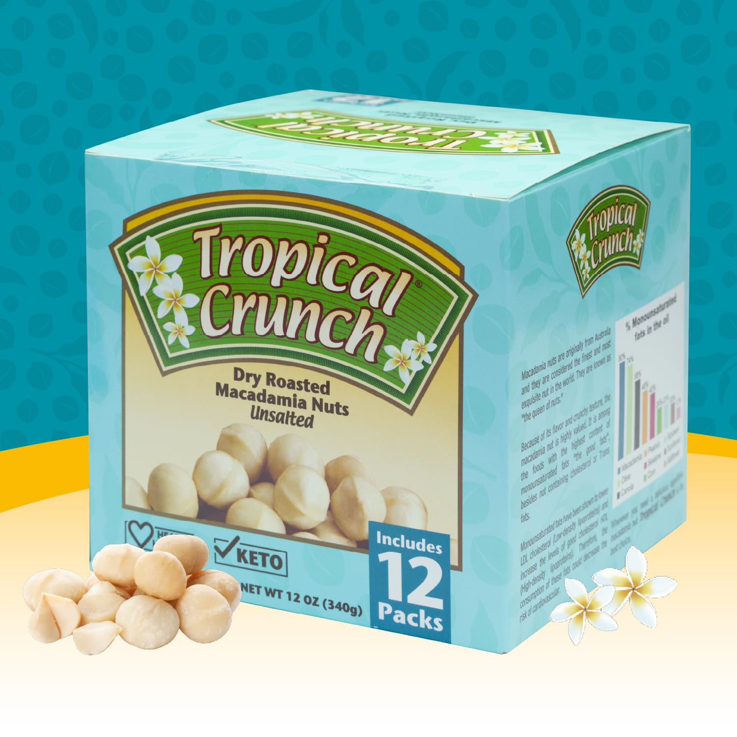 Tropical Crunch Unsalted Macadamia Nuts Snack Packs – Dry Roasted, 12 Individual 1oz Bags, Keto Low Carb, Low Sodium, Clean Natural Nut Snacks