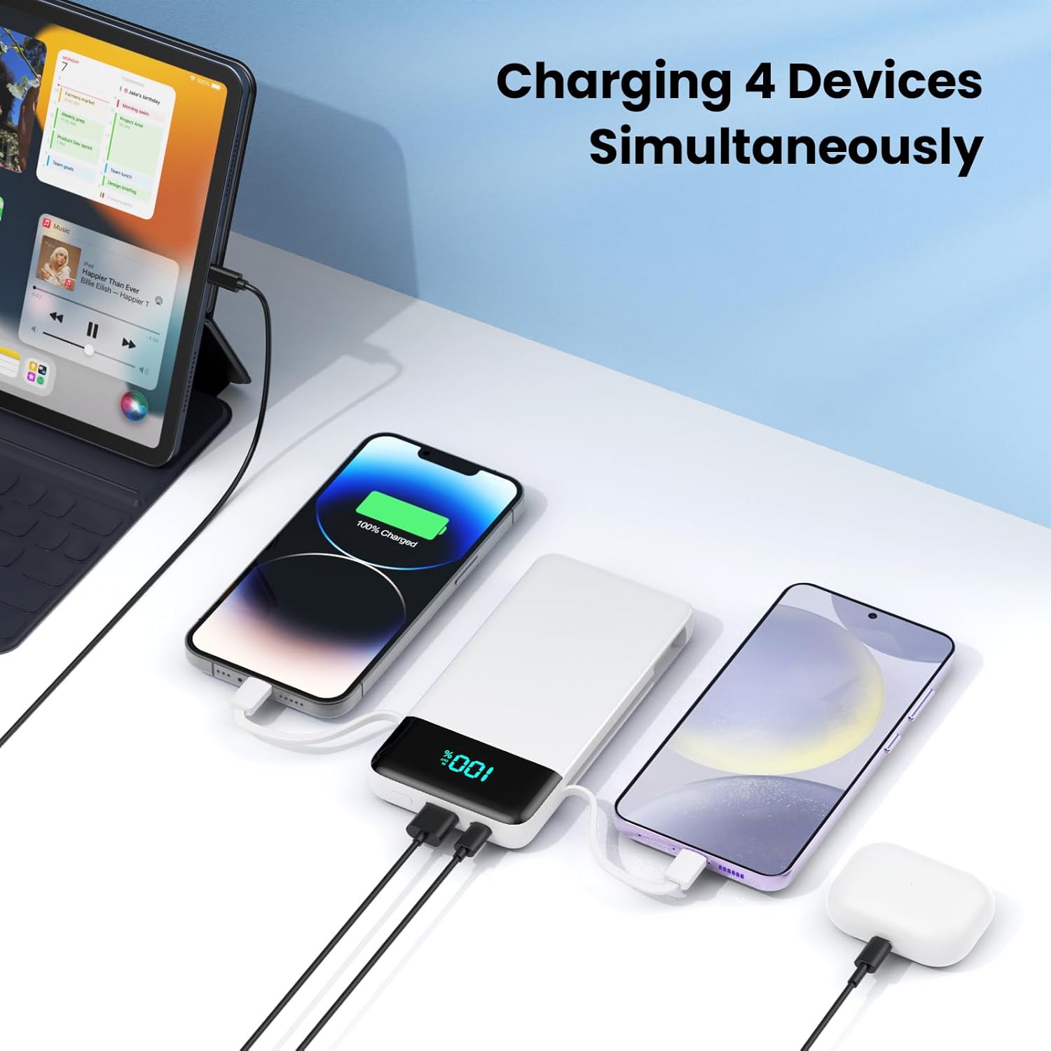 Image showing the portable charger simultaneously charging an iPad, an iPhone, an Android phone, and wireless earbuds.