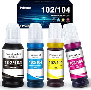 Palmtree 102 104 Ink Compatible for Epson 102 Ink or Epson 104 Ink Epson EcoTank ET-2710 ET-2720 ET-2750 ET-3750 ET-2850 ET-4750 ET-2820 ET-2726 ET-4700 ET-15000 (Black Cyan Magenta Yellow)