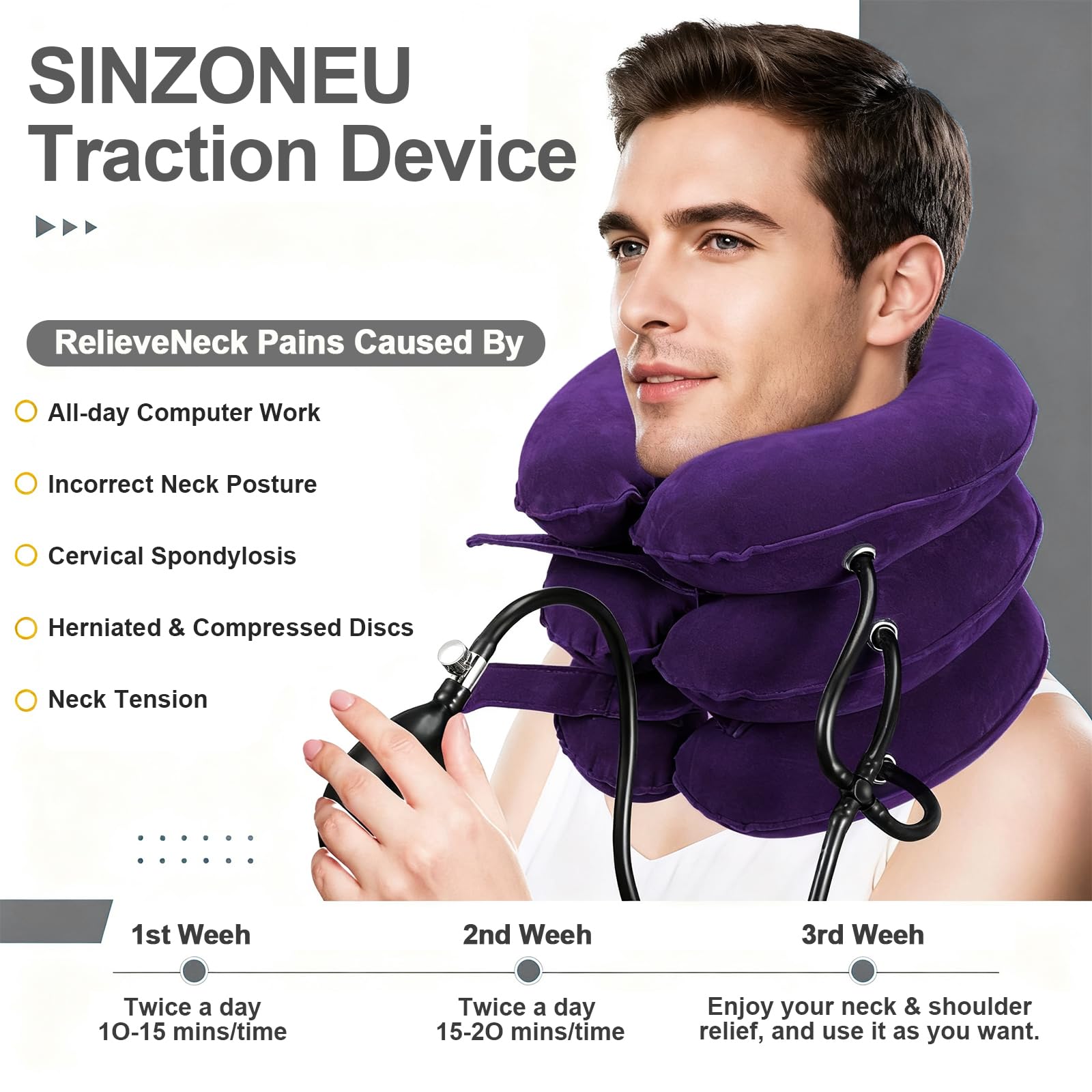 Minerve Cervicale Gonflable (Violet) Collier à Air Adjustable Douleurs Cervicales & Posture, Décompression Vertébrale Domicile`