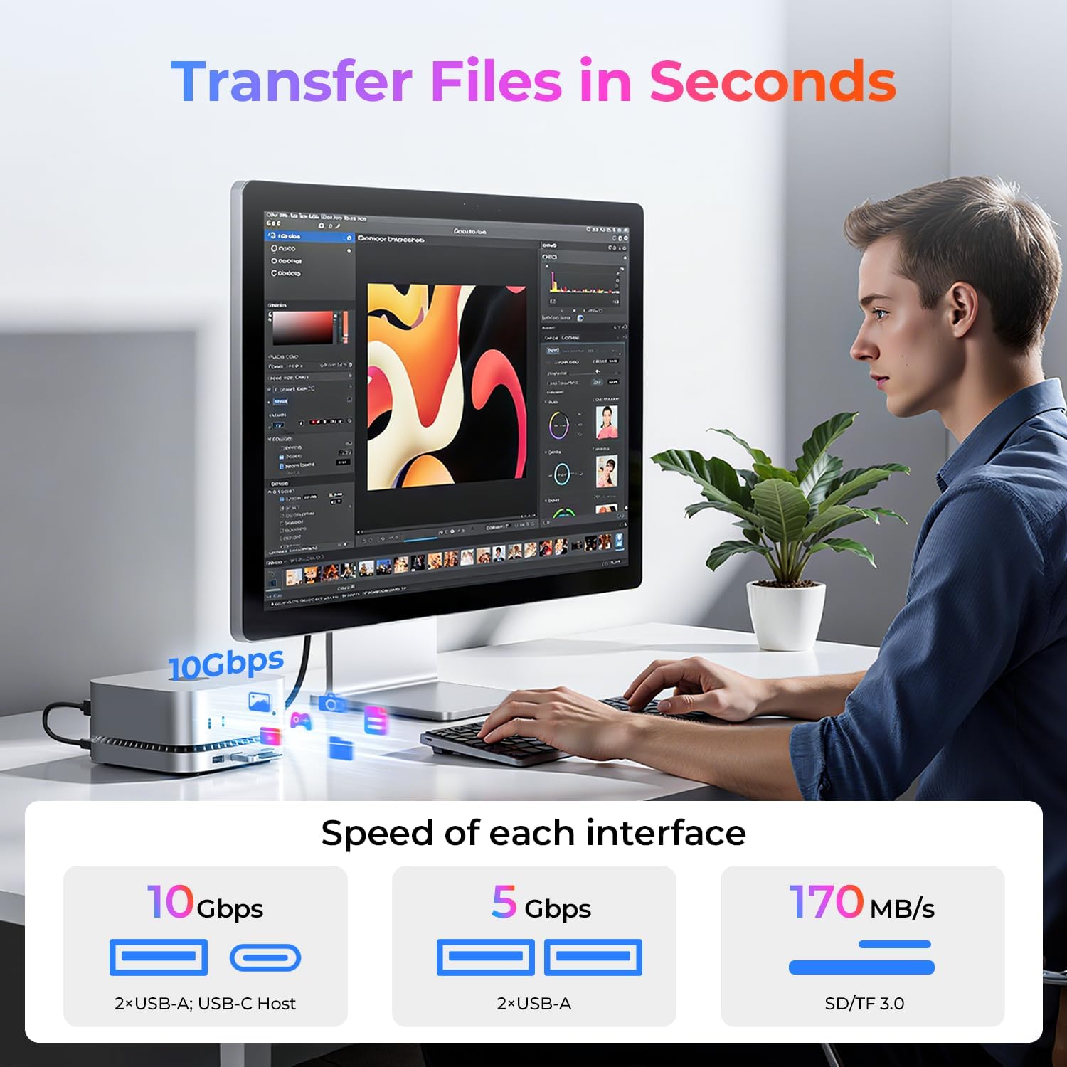 User transferring files using the Raycue Mac mini M4 Dock