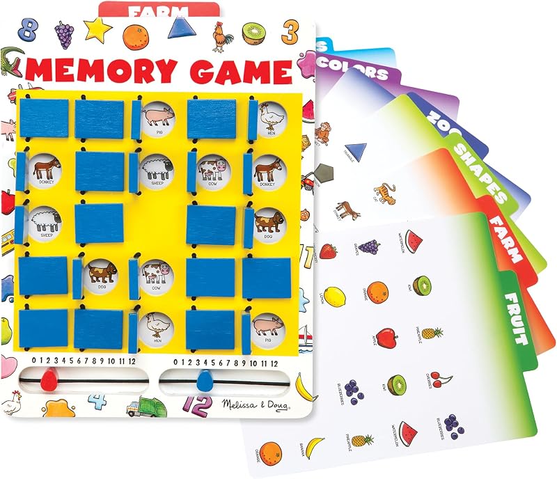 Flip-to-Win Portable Wooden Travel Game Board with 25 Flaps & 7 Double-Sided Memory Game Cards—Animals, Colors, Fruits, Shapes & Much More—Preschool Toys for Kids Ages 5+ | 8 Pieces, Wooden Board With 25 Flaps, 7 Double-Sided Memory Cards, Mess-Free Travel Toys, Preschool Toys for Kids, Ages 3+