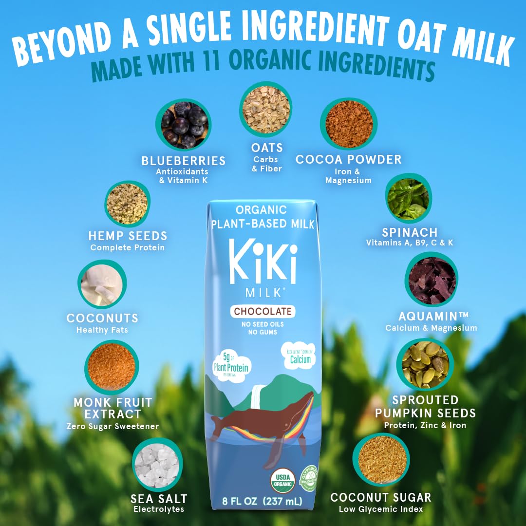 Chocolate Kiki Milk, Organic, Plant Based, Gum Free, GMO Free, Dairy Free, Soy Free, Gluten Free, Glyphosate Free (8 oz • Pack of 12)