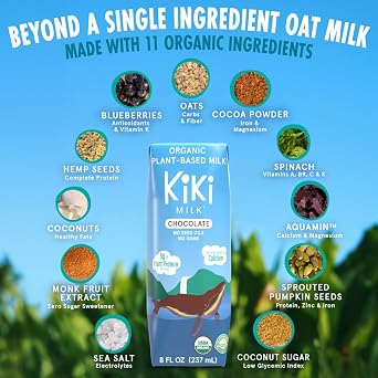 Chocolate Kiki Milk, Organic, Plant Based, Gum Free, GMO Free, Dairy Free, Soy Free, Gluten Free, Glyphosate Free (8 oz Pack of 12)