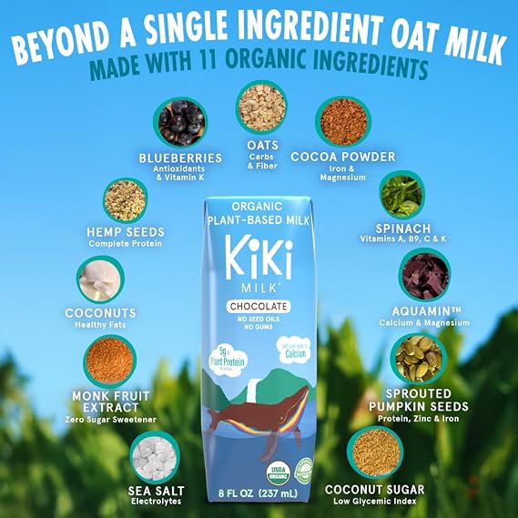 Chocolate Kiki Milk, Organic, Plant Based, Gum Free, GMO Free, Dairy Free, Soy Free, Gluten Free, Glyphosate Free (8 oz Pack of 12)