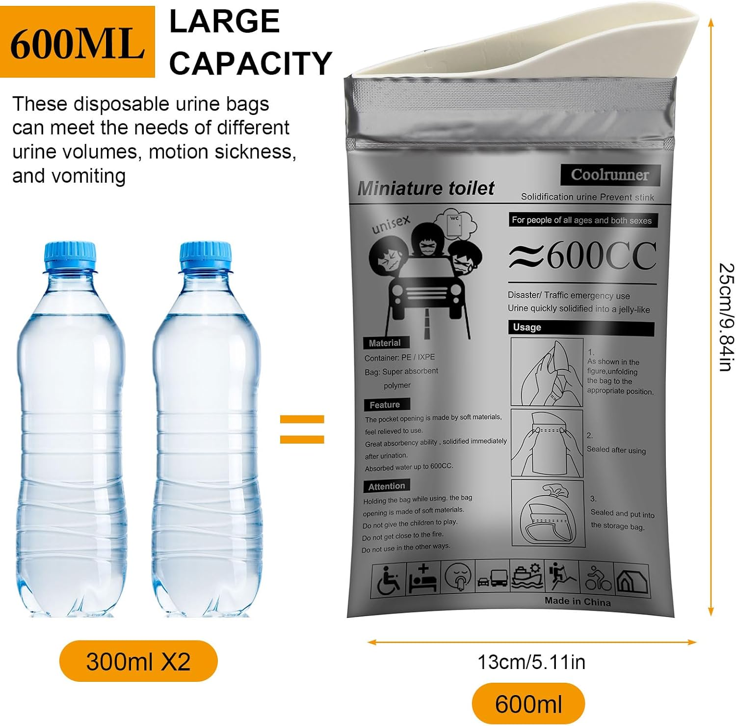 Coolrunner Disposable Urine Bags,8/12/20/24 Pack Camping Pee Bags, Disposable Urinals Vomit Bags for Travel Urinal Toilet Traffic Jam Emergency Portable Toilet Bee Bag for Men Women Kids Patient