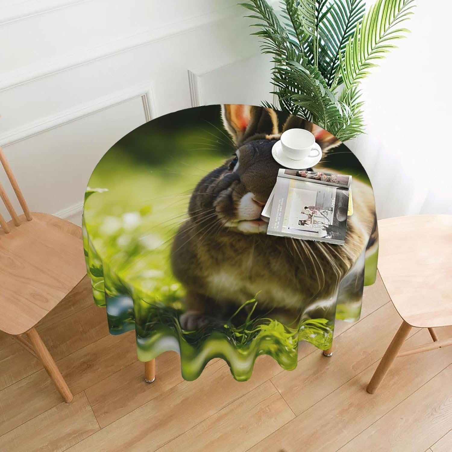 Bunny Rabbits Print Wrinkle Free Dining Table Cover for Birthday Party Farmhouse Tablecloths Up to 60 x 60 Inches