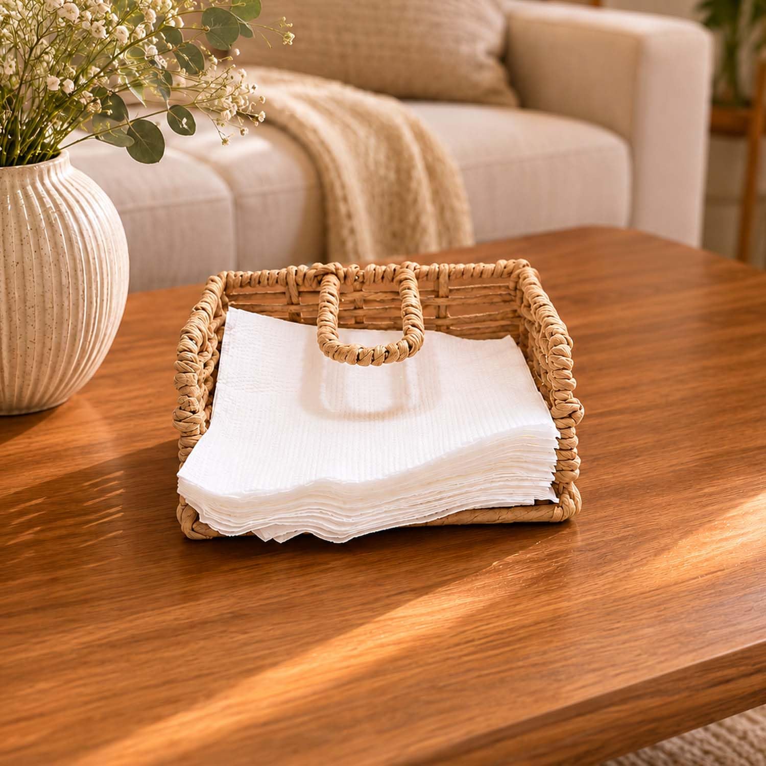Go Hooked Handwoven Water Hyacinth Seagrass Tissue Paper Holder with Foldable Handle 16 x 16 x 6.5 cm | Decorative Tissue Organizer for Dining Table, Coffee Table, Restaurant & Home Décor-image-31