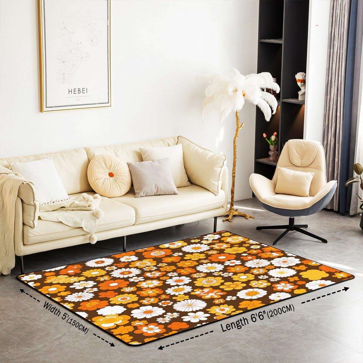 jejeloiu 60S 70S Groovy Area Rug 5x7 Inch Retro Hippie Flower Indoor Floor Mat Vintage Boho Plant Floral Living Room Rugs Botanical Blossom Brown Accent Rug