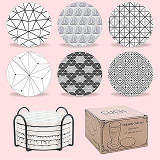 SUEH DESIGN セラミックコースター 珪藻土よりも良い 吸水カップマット 保護コルク裏面 オリジナル幾何模様 6個セット ホルダー付き おしゃれ 贈り物