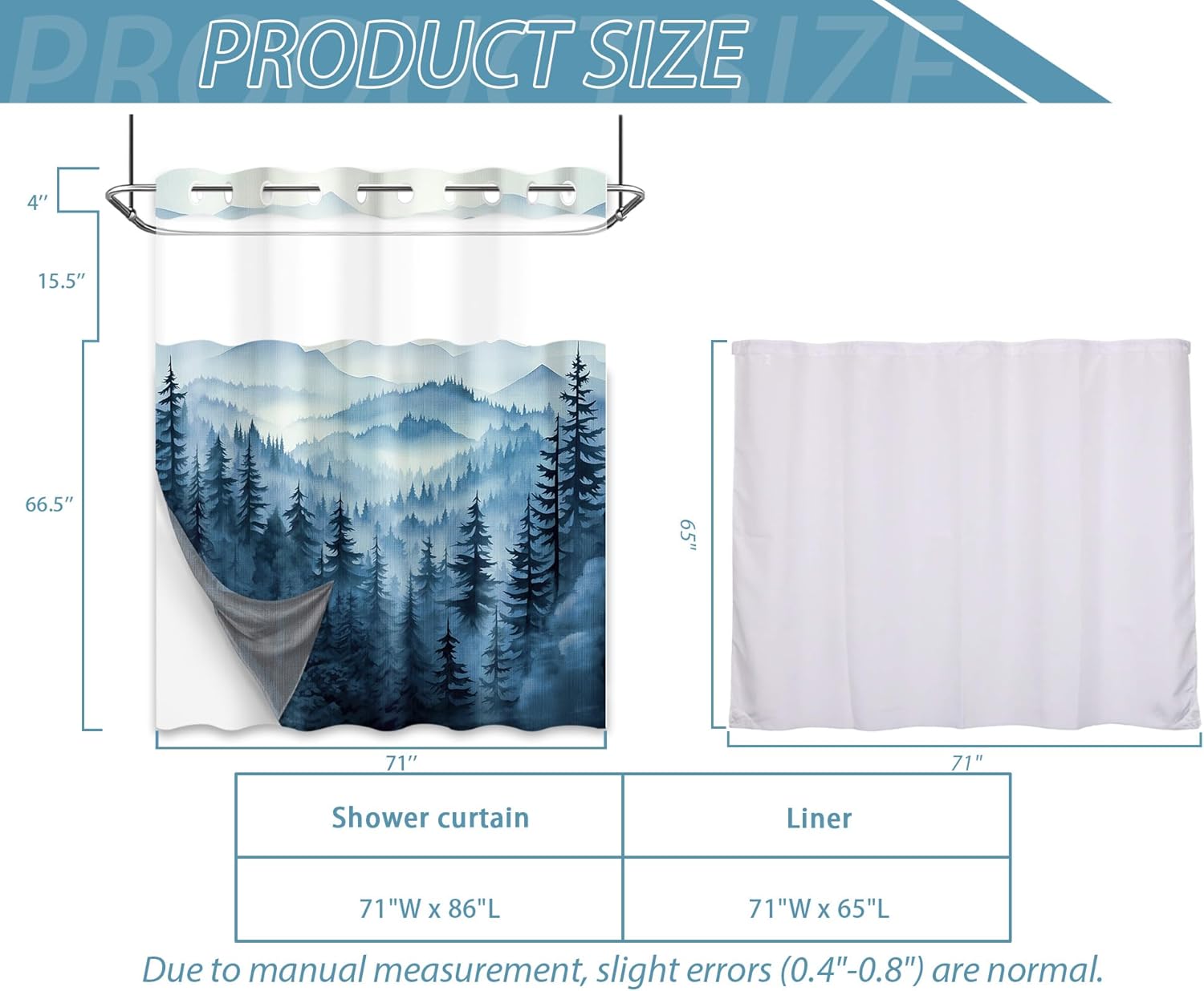 Forest Hookless Shower Curtain with Snap in Liner, Nature Mountain No Hook Double Layer Shower Curtain and Liner Set, Ringless with Window Waterproof Cloth Fabric, 71" W x 86" L