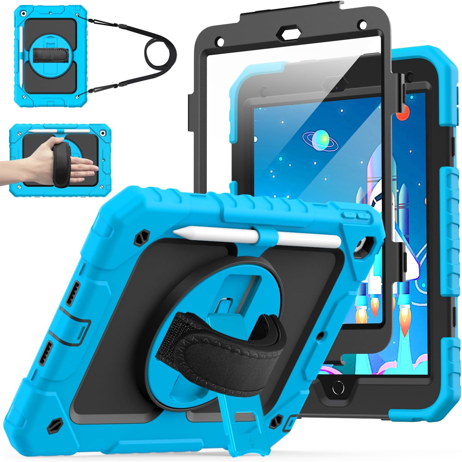 Cantis Case for iPad 9th/8th/7th Generation with Screen Protector, iPad 10.2 Case 2021/2020/2019 with 360 Degree Rotating Stand/Shoulder Strap/Pencil Holder, Blue