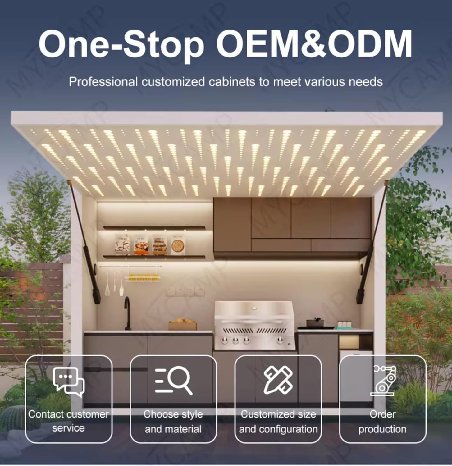 Stainless Steel Modular Outdoor Kitchen Cabinets Sets, Custom Outdoor Kitchen with BBQ Grills Sinks Light Counter Top