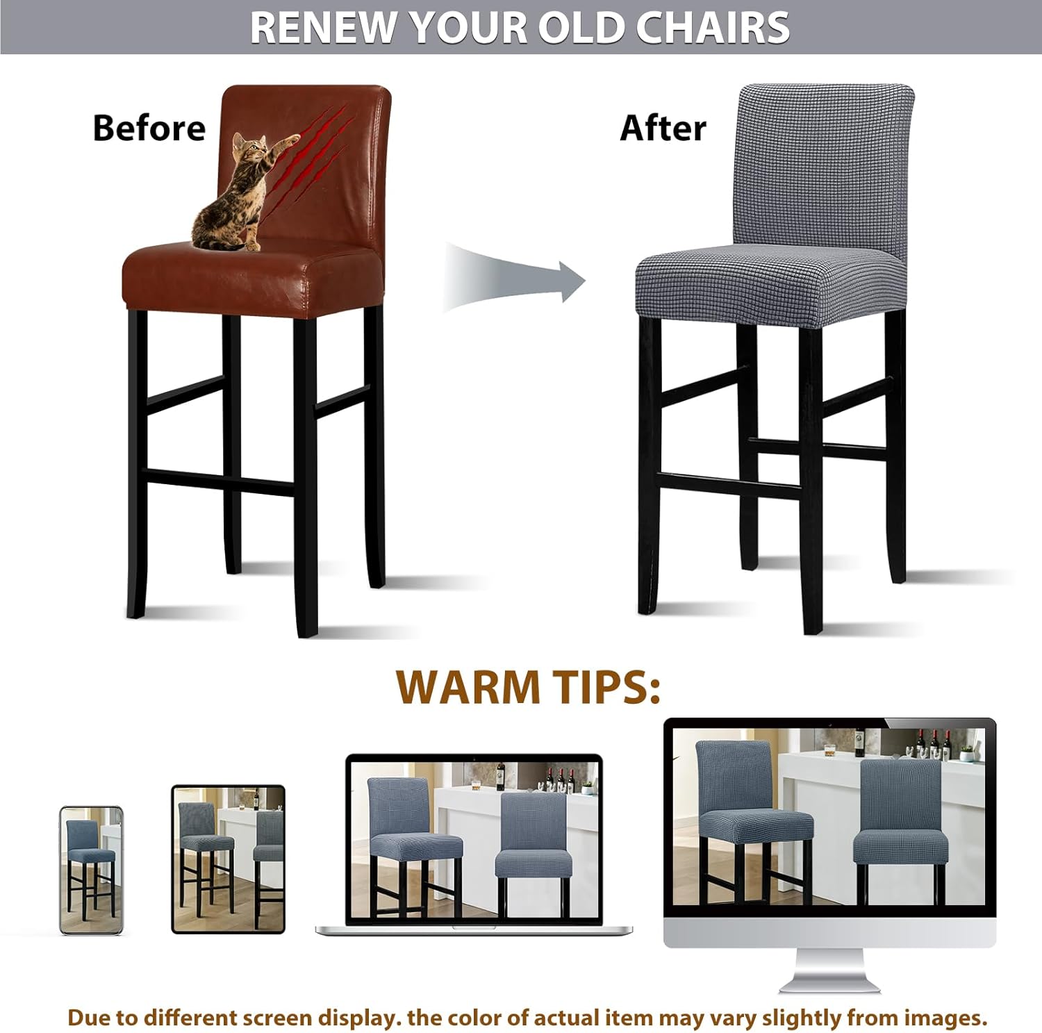 Lellen Reusable Pub Counter Stool Chair Covers Slipcover Stretch Removable Washable Dining Room Chair Covers Bar Stool Covers Bar Chair Covers Barstool Slipcover Set of 2（Lightgrey）