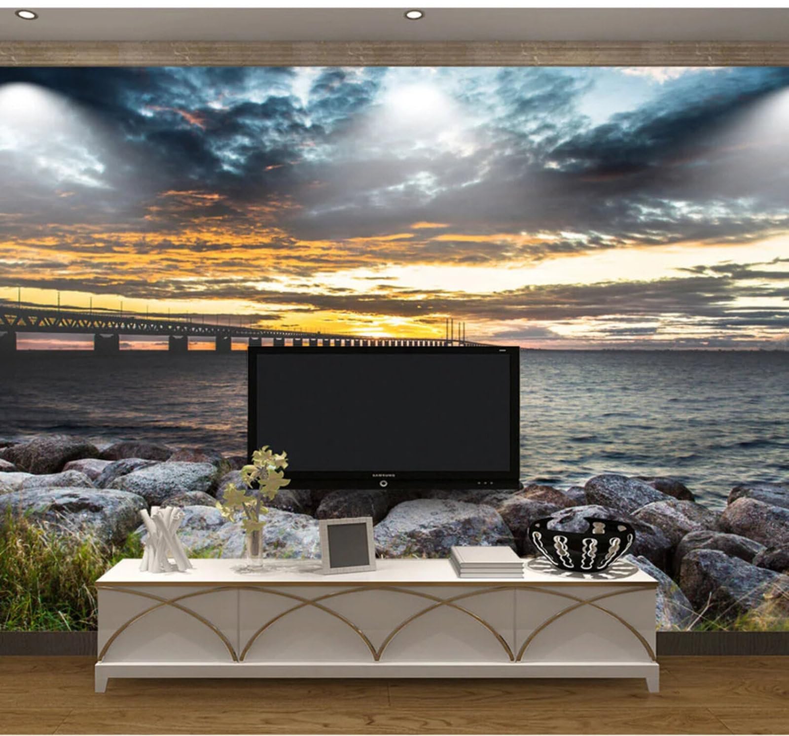Wallpaper-3D-Xlm 250Cm×170Cm(B×H) Beautiful Sunset Bridge Sea Scenery 3D Wallpaper Easy Install Feature Office Living Room Sofa Bedroom Tv Background Wall Decoration-250Cm×170Cm