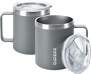 2 pcs Insulated Coffee Mug, BJPKPK 14oz Insulated Tumbler with Lid, Stainless Steel Coffee Cups with Splash Proof Lid-Gray