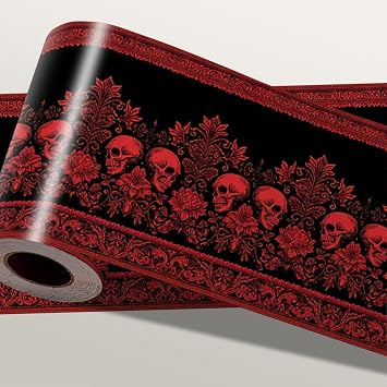 Gothic Skull Wallpaper Border 196x4 Inch Peel and Stick Wall Border Self Adhesive Red Rose Removable Vinyl Trim for Living Room Bedroom Bathroom Kitchen Cabinet Halloween Decoration
