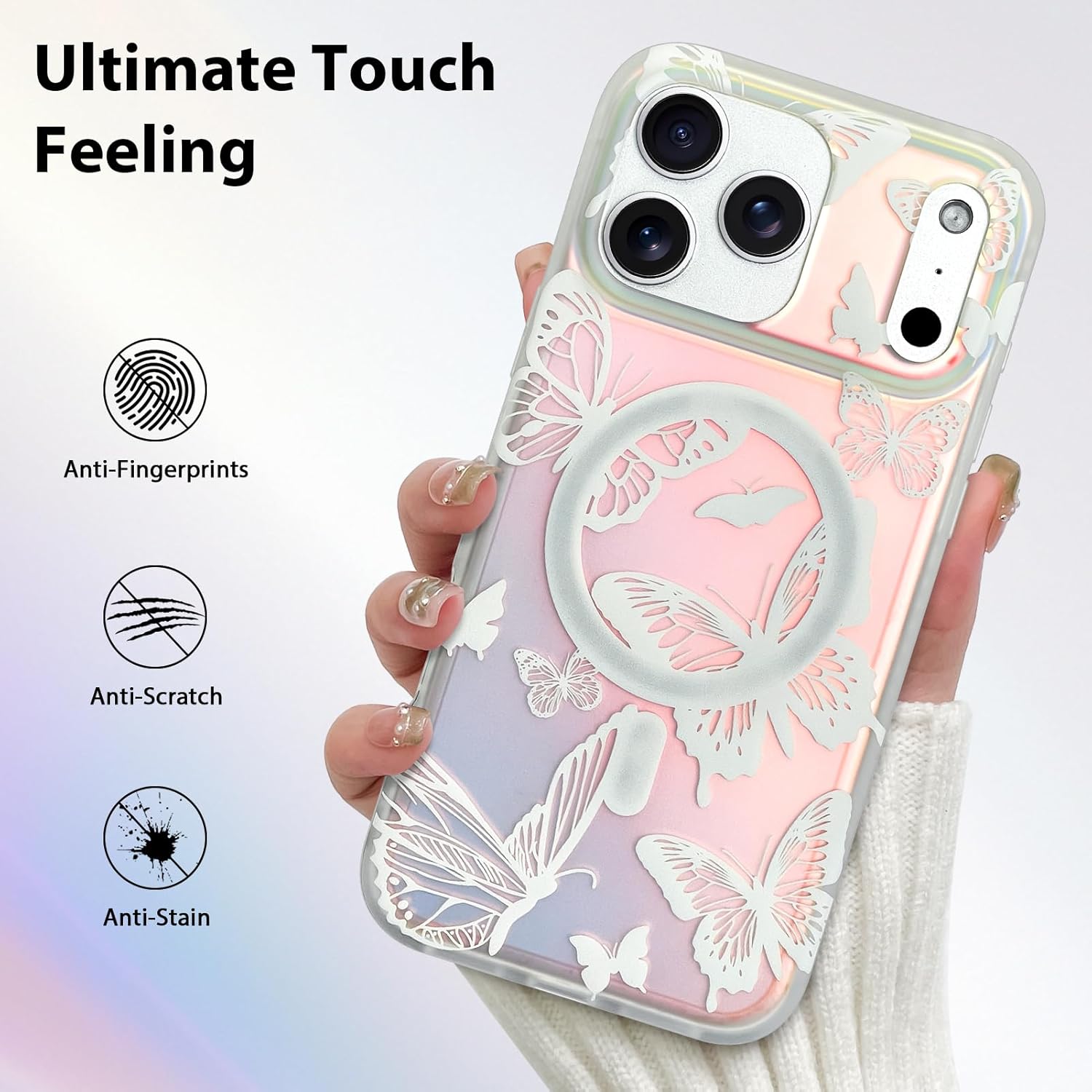 Magnetic for iPhone 17 Pro Max Case [Compatible with MagSafe] Pretty Fluorescent Butterfly Print Pattern Design, Sparkly Bling Shockproof Translucent Slim Cover for Women Girls