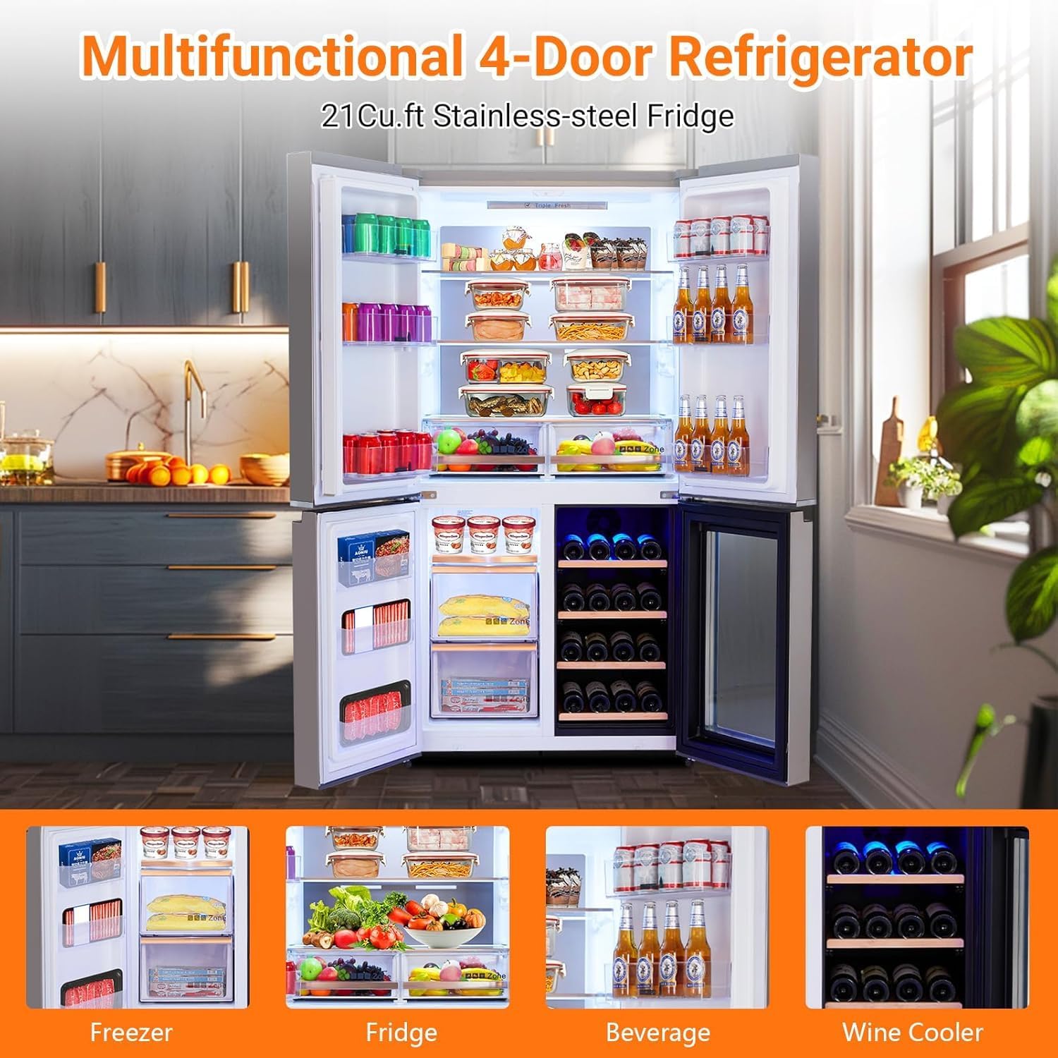 French Door Refrigerator, 36 Inch Counter Depth Stainless Steel Refrigerator, 21 Cu.Ft. 4 Door Fridge Bottom Freezer With Wine Cabinet, Adjustable Shelves on Fridge.com - View 6