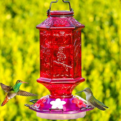 Miniatura 2 de Billion Sky Comedero para colibríes, botella en forma de linterna, 6 puertos de alimentación de flores de simulación, 26 onzas líquidas, comederos