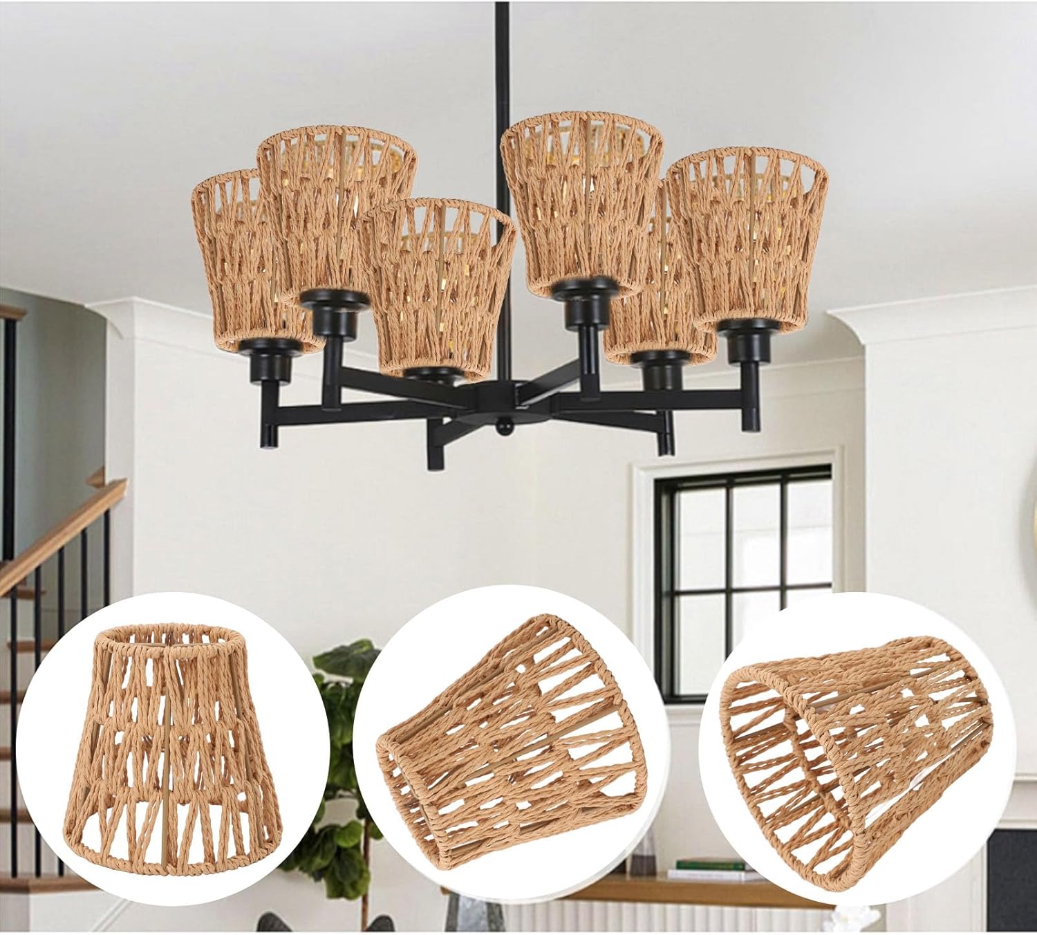 3 Pack Rattan Lamp Shade, E14 Bulb Clip On Woven Lampshade, 3.5 Top X 5.5 Bottom Small Boho Lamp Shades Replacement for Floor Lamp, Pendant Light, Chandelier, Wall Sconces