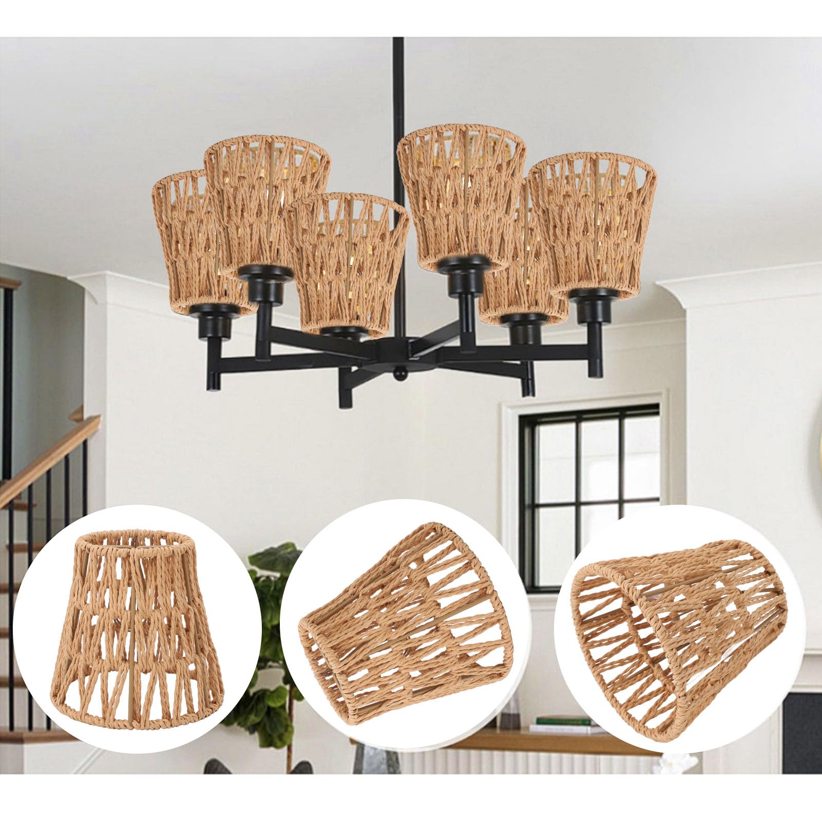 3 Pack Rattan Lamp Shade E14 Bulb Clip On Woven Lampshade 3.5 Top X 5.5 Bottom Small Boho Lamp Shades for Chandelier Pendant Light Wall Sconces - Image 3