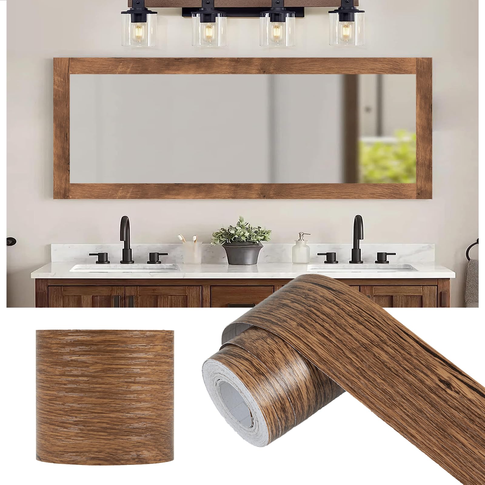 Alened 10M Brown Wood Grain Mirror Frame Border Peel and