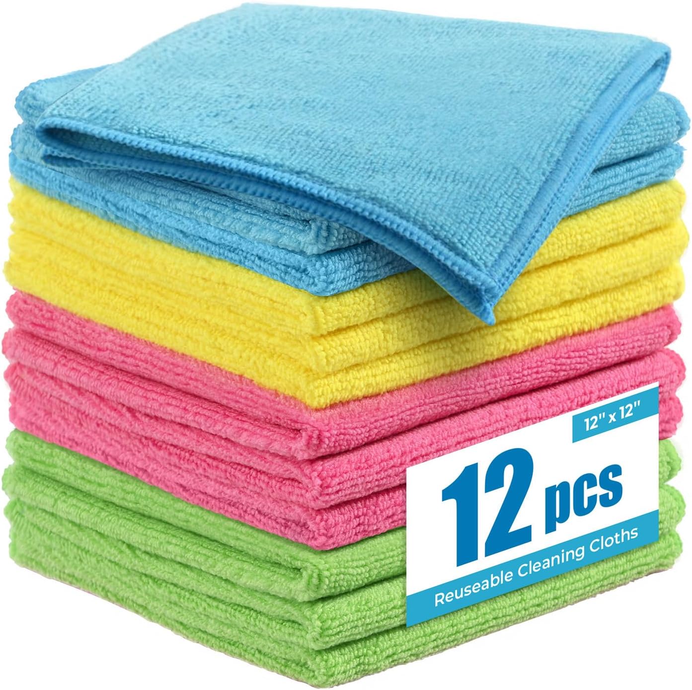Microfiber Cleaning Cloths 12”x12”, 12Pack – Extra Thick Kitchen Towels – Streak-Free, Lint-Free, Fast Absorbent – Reusable Multi-Purpose Housekeeping Rags for Cars, Dishes, Floors, Tiles