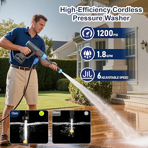 Miniatura 2 de Lavadora a presión inalámbrica, lavadora eléctrica de 2.0 Ah con pantalla LCD, 1200 PSI Lavadora a presión portátil de automóvil de mano con