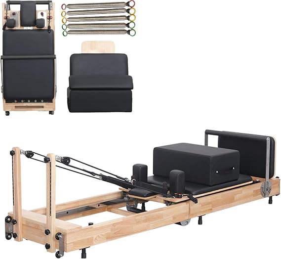 Wooden Pilates Reformer Foldable Oak Pilates Machine Pilates Equipment Set with Box and Jump Board, Extra 5 Springs for Studio, Home Fitness, Home and Home Use